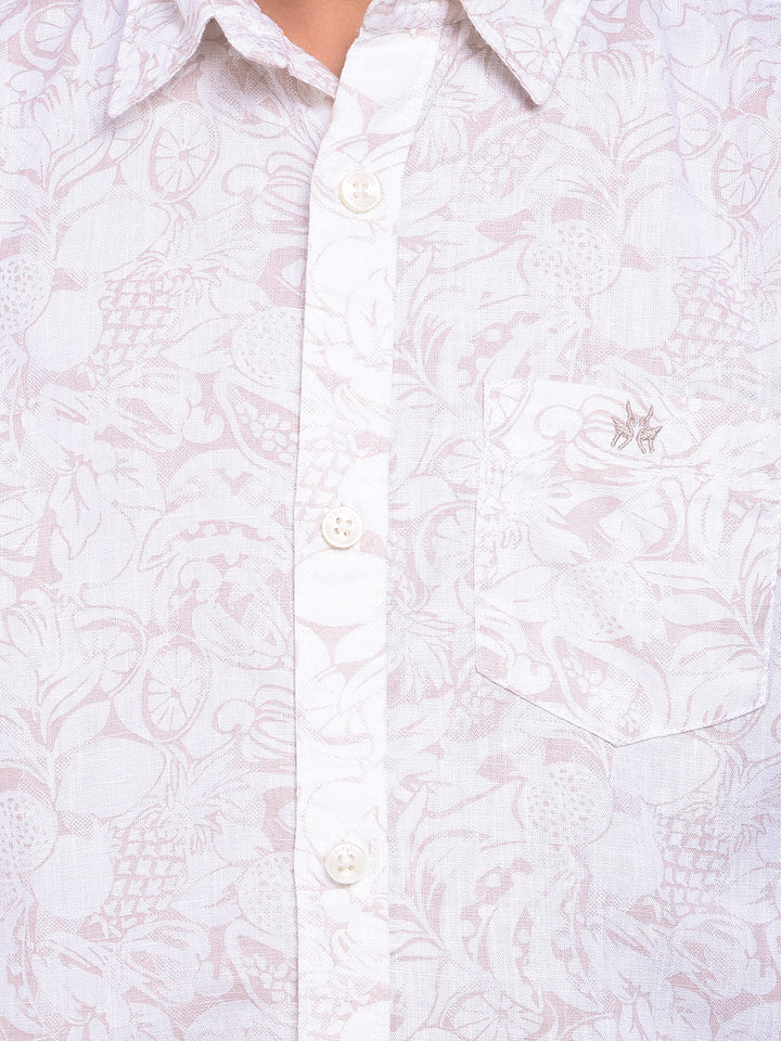Beige Floral Print Linen Shirt