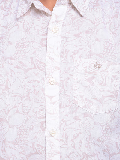 Beige Floral Print Linen Shirt