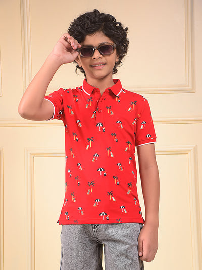 Red Floral Print Polo Neck T-Shirt