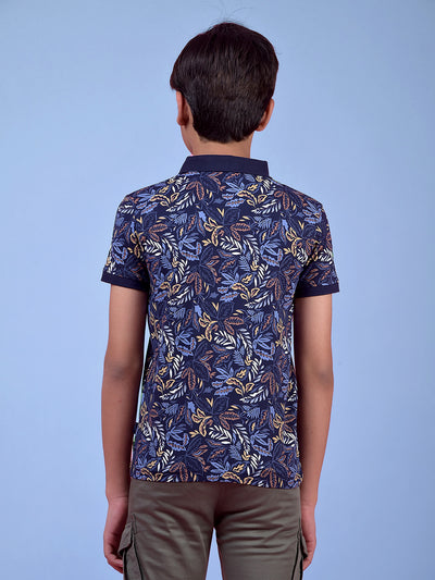 Blue Floral Print Polo Neck T-Shirt