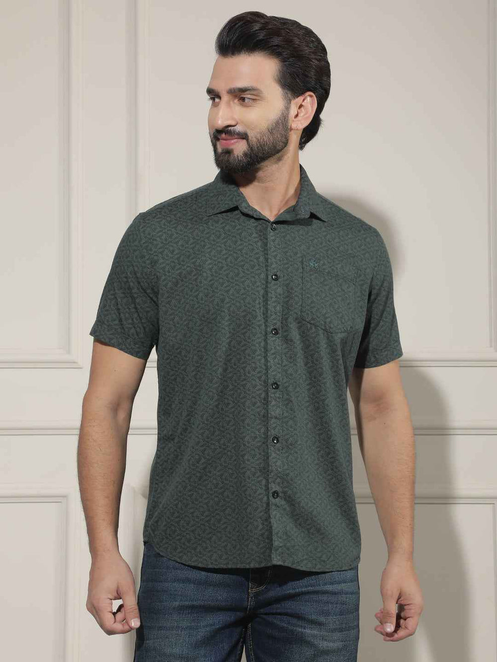 Green Floral Print Linen Shirt