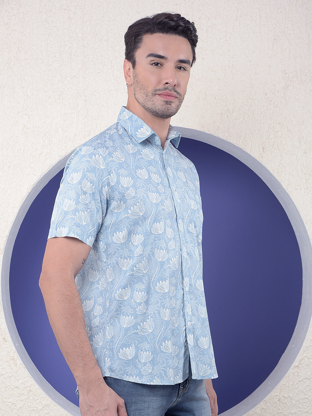 Blue Floral Printed Linen Shirt
