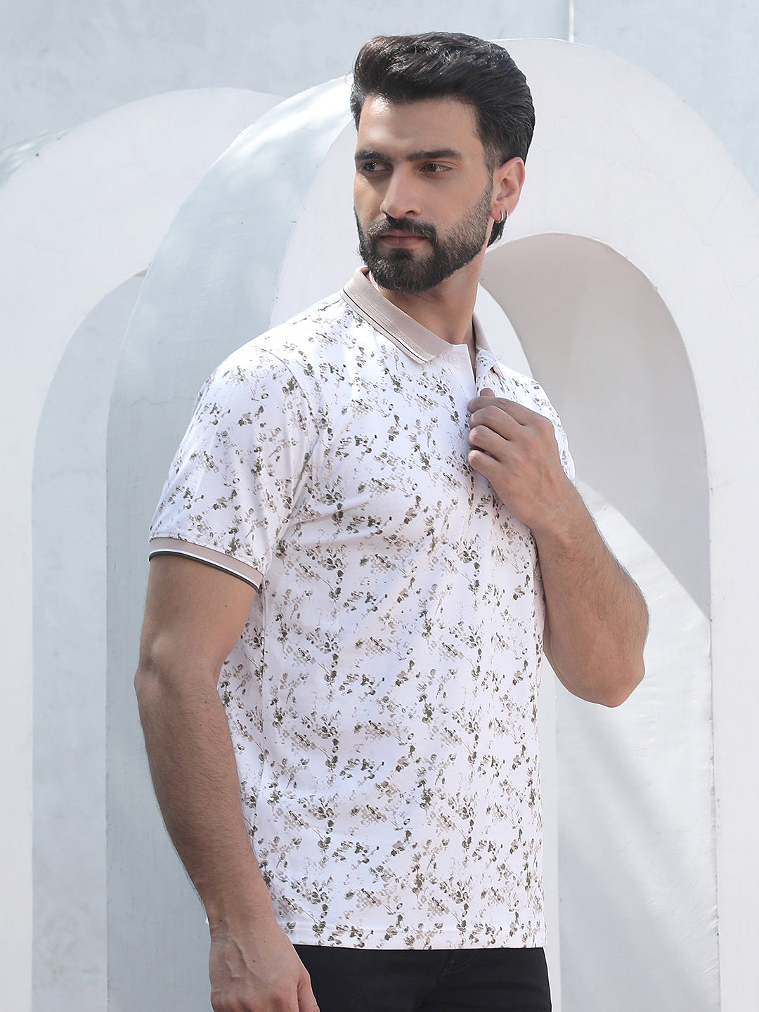 Beige Printed Polo Neck T-Shirt