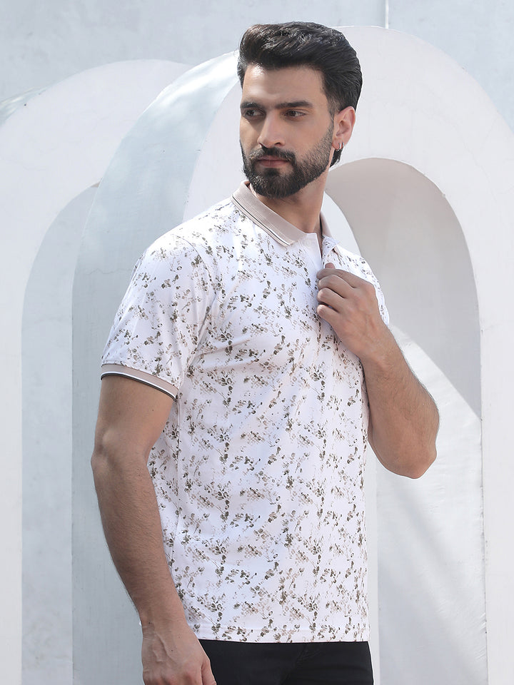 Beige Printed Polo Neck T-Shirt