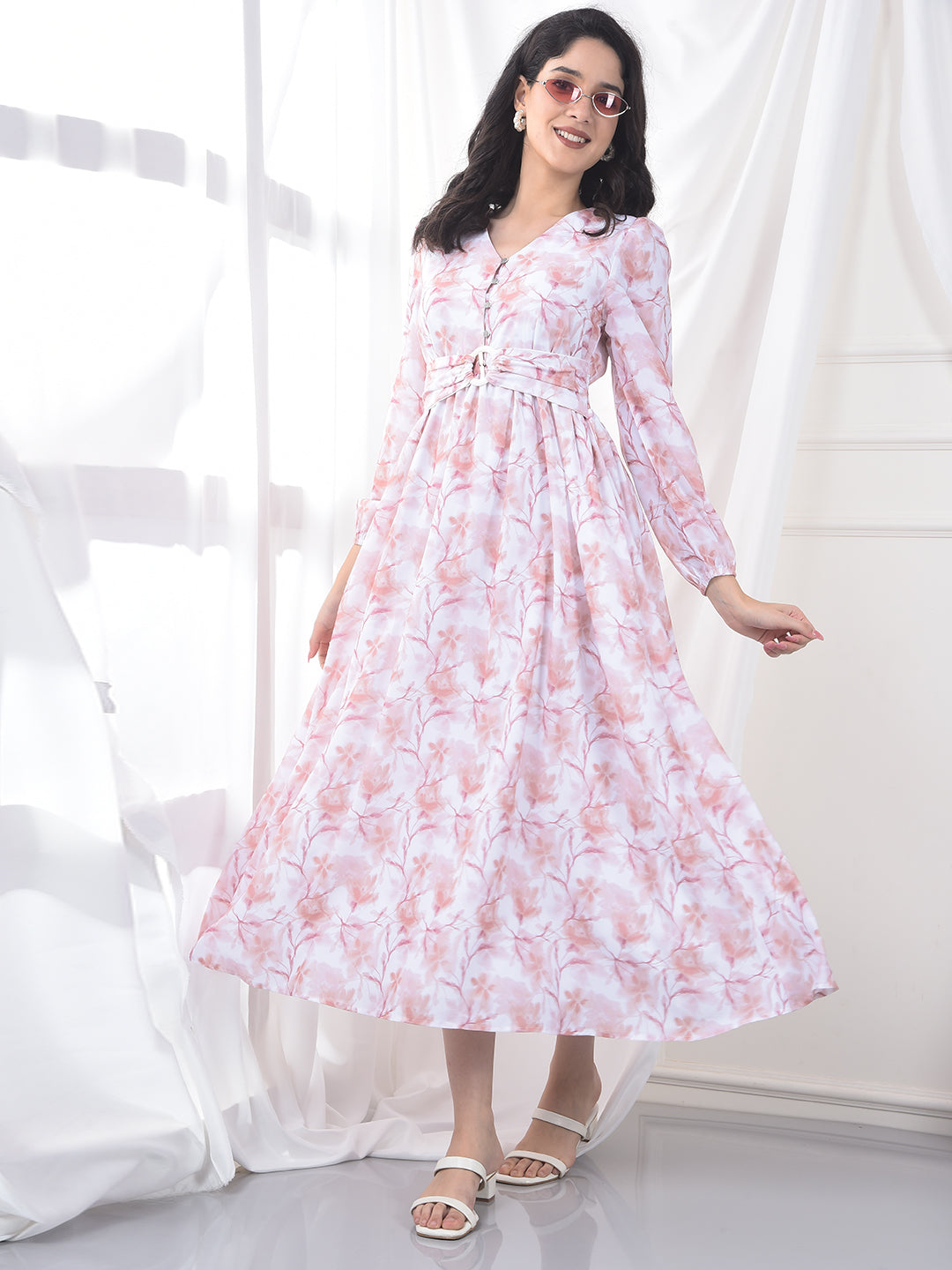 Peach Floral Print V-Neck A-Line Dress-Women Dress-Crimsoune Club
