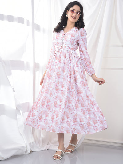 Peach Floral Print V-Neck A-Line Dress-Women Dress-Crimsoune Club