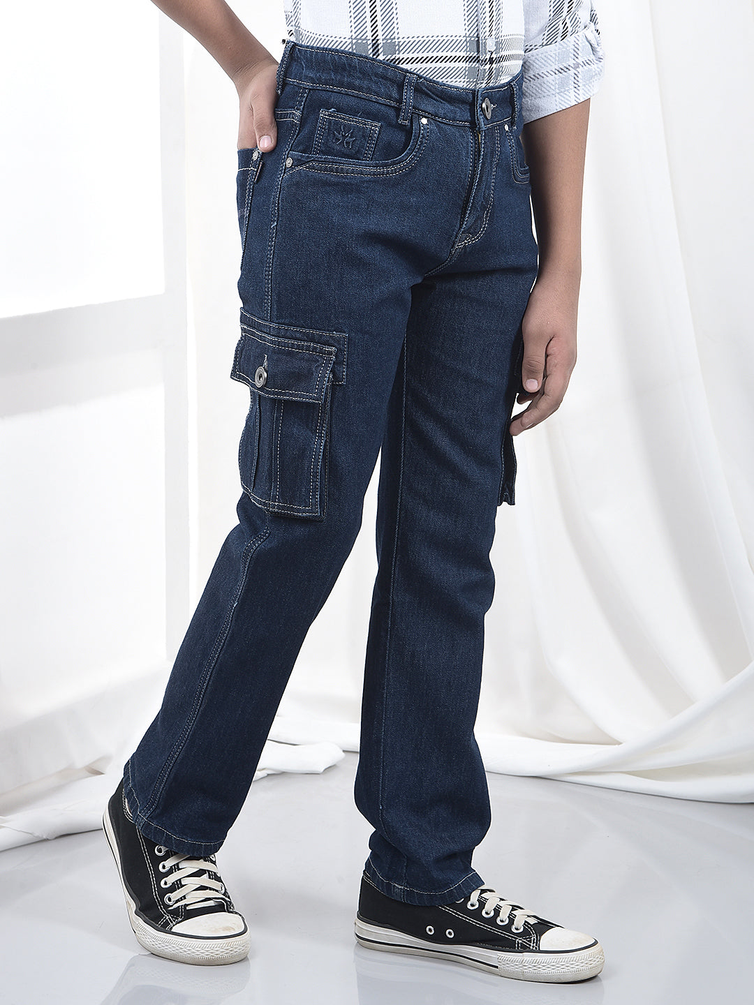 Blue 100% Cotton Straight Cargo Jeans
