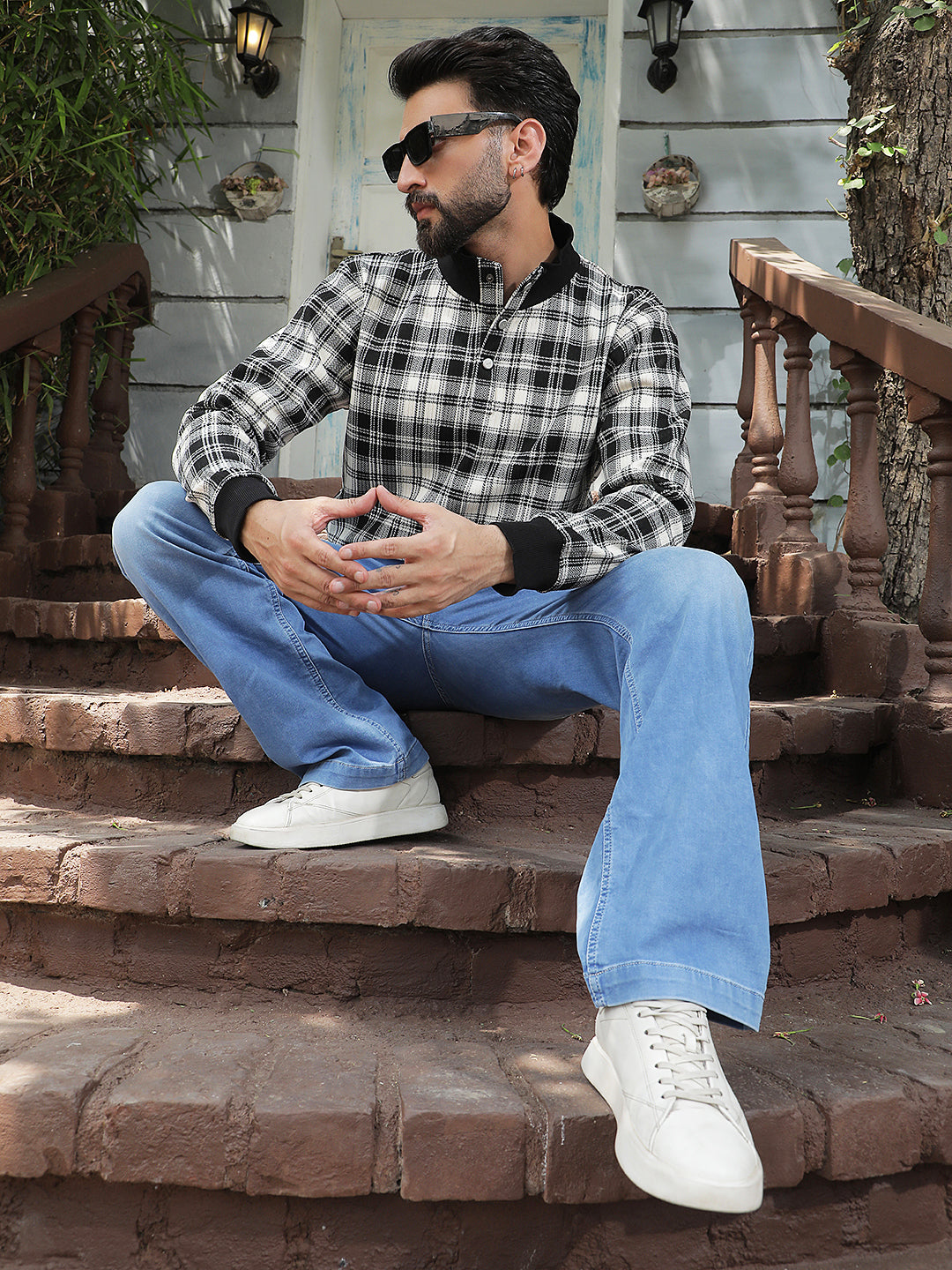 Black Checked High Neck Sweatshirt