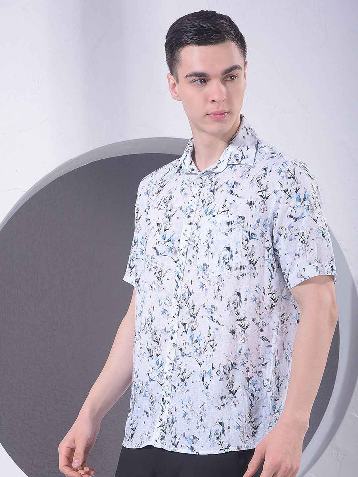 Blue Floral Print Linen Shirt