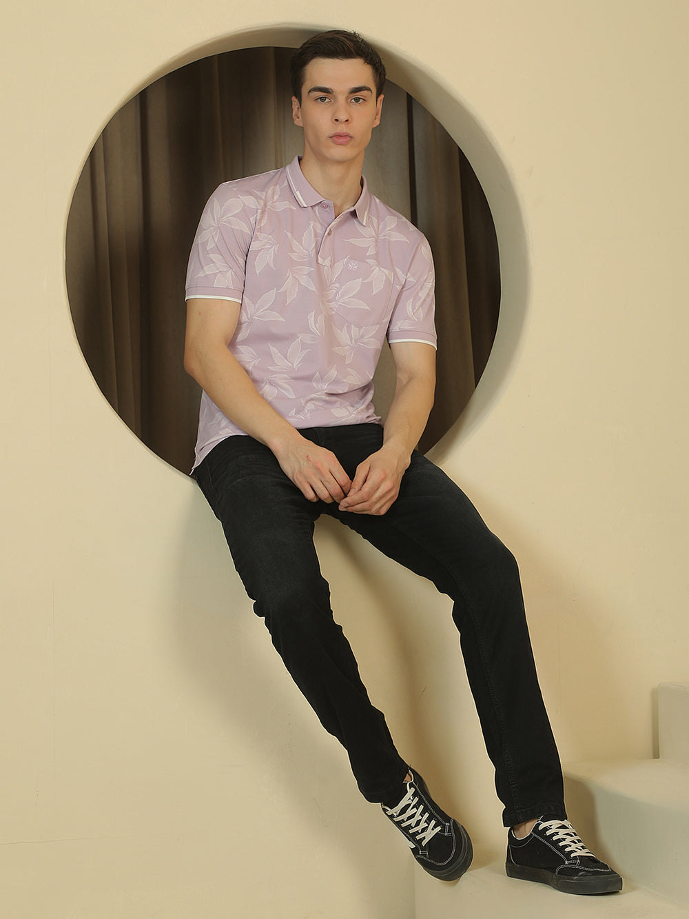 Pink Floral Print Polo Neck T-Shirt