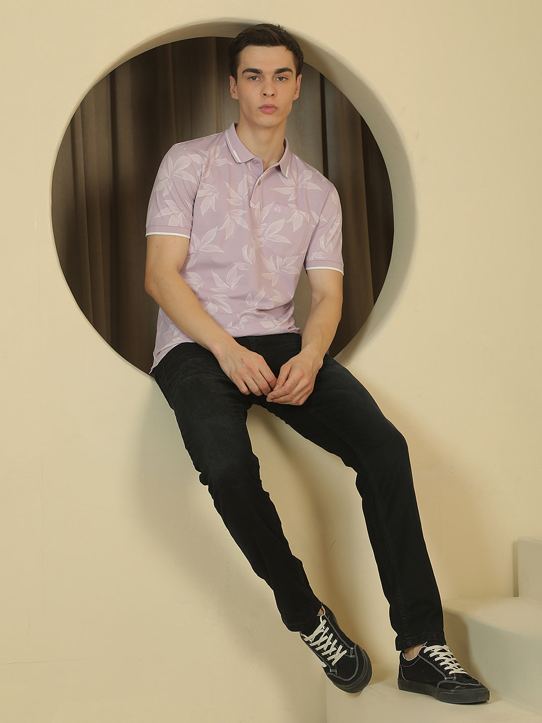Pink Floral Print Polo Neck T-Shirt