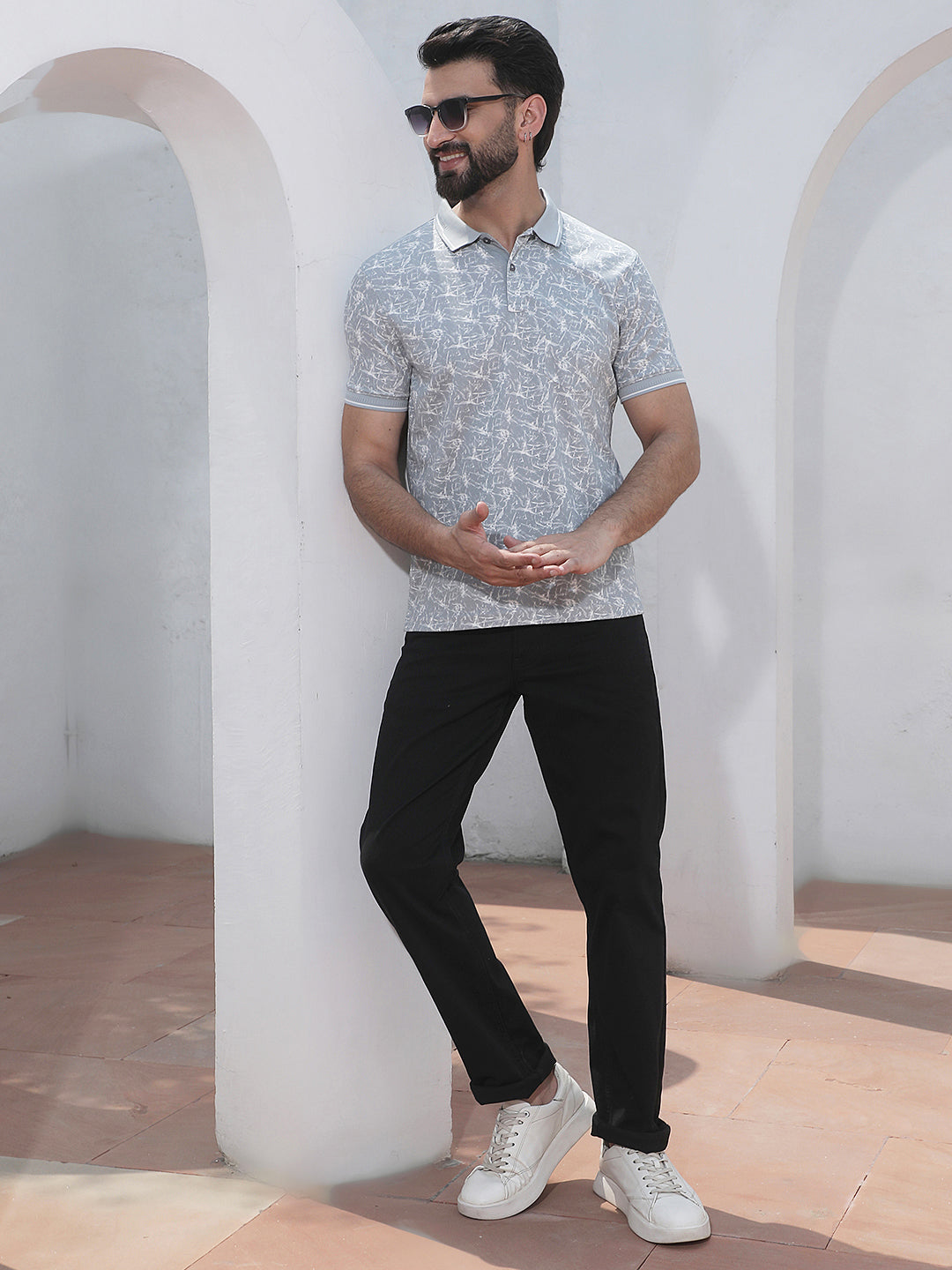 Grey Abstract Print Polo Neck T-Shirt