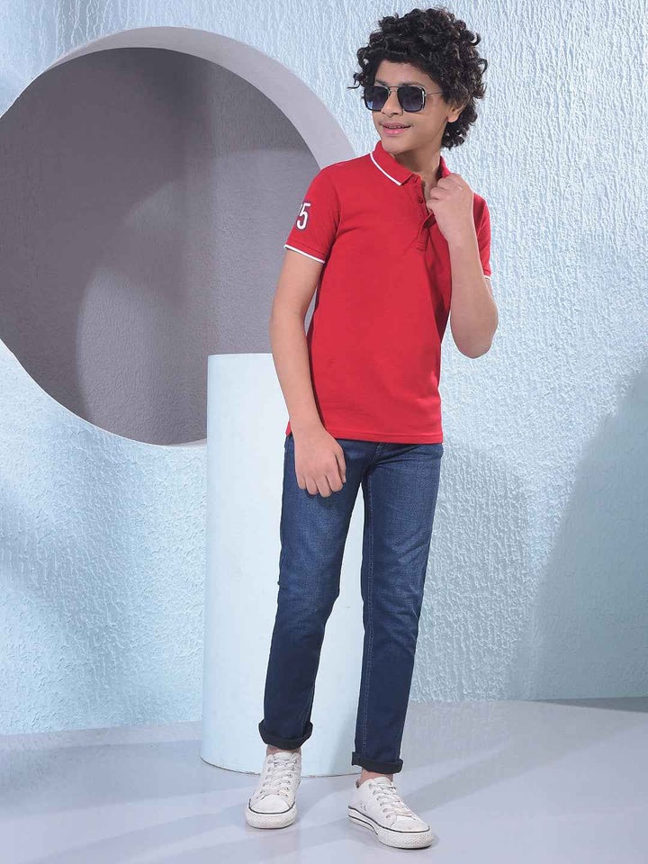 Red Typographic Print Polo Neck T-Shirt