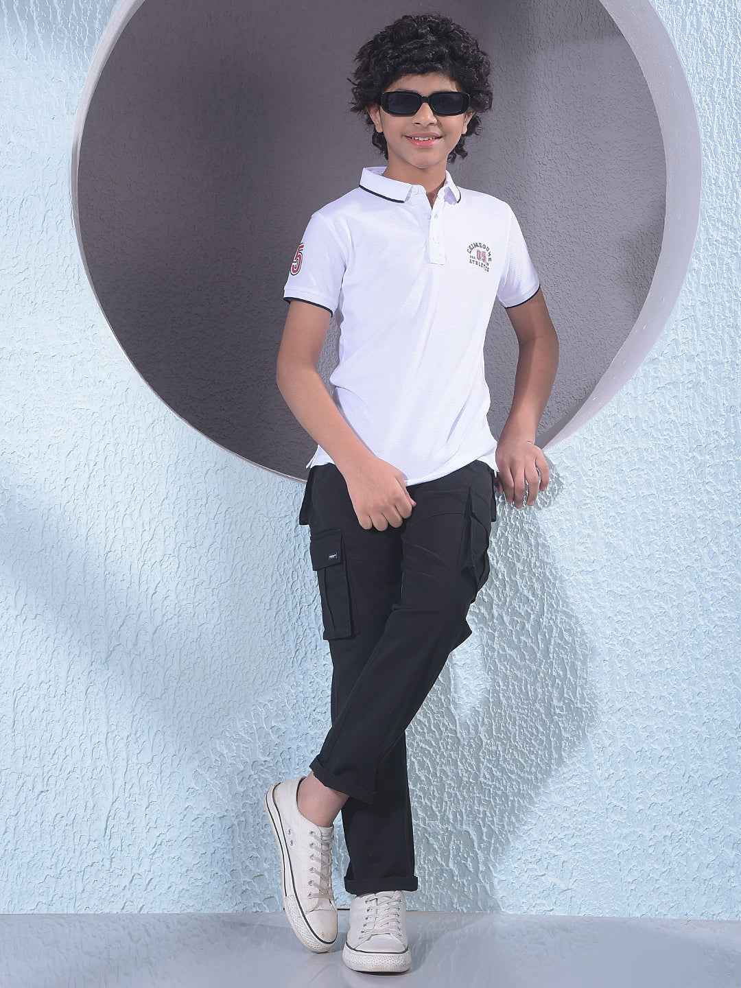 White Typographic Print Polo Neck T-Shirt