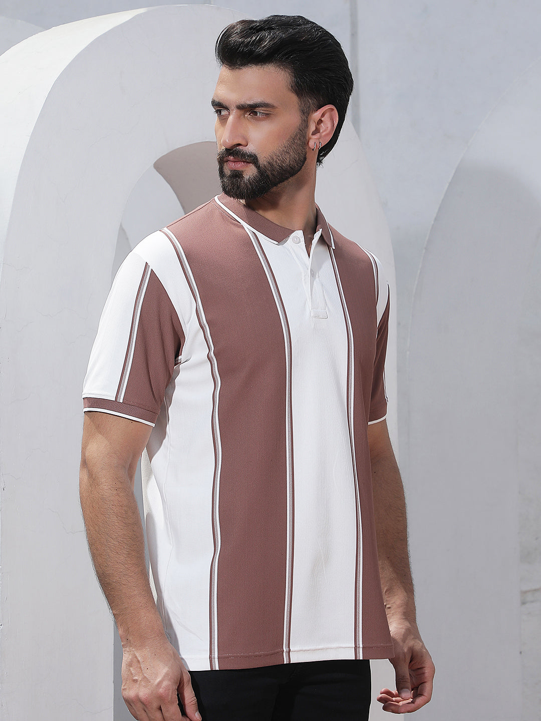 Purple Vertical Striped Polo Neck T-Shirt