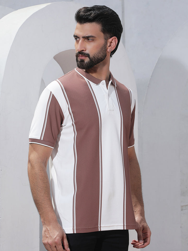 Purple Vertical Striped Polo Neck T-Shirt