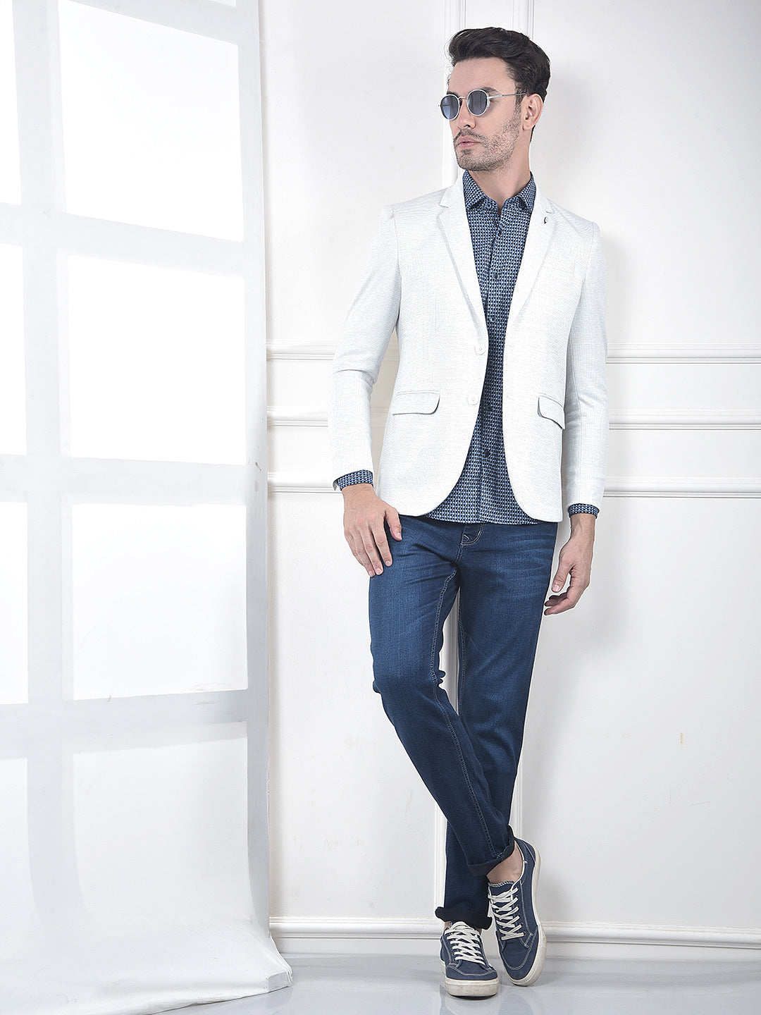 Off White Printed Notched Lapel Single-Breasted Blazer