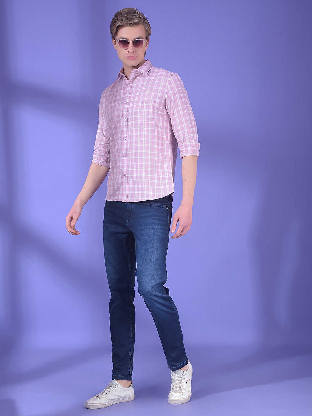 Pink Checked 100% Cotton Button-Down Collar Shirt