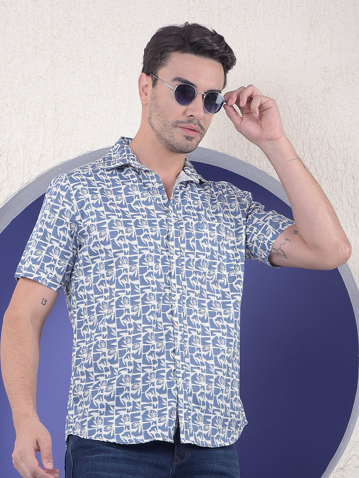 Blue Floral Printed Linen Shirt