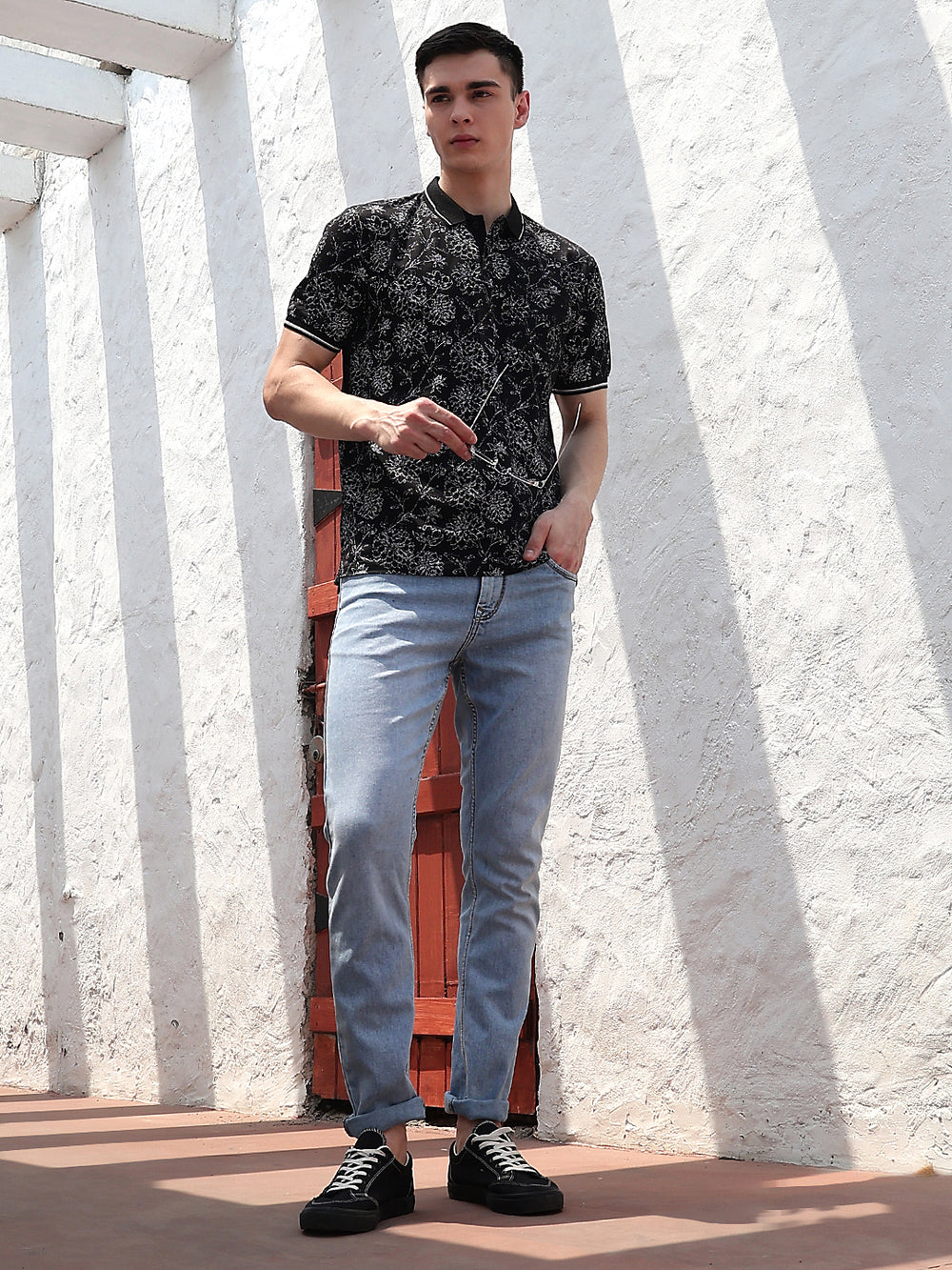 Black Floral Print Polo Neck T-Shirt