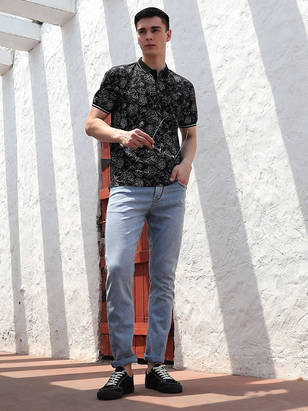 Black Floral Print Polo Neck T-Shirt