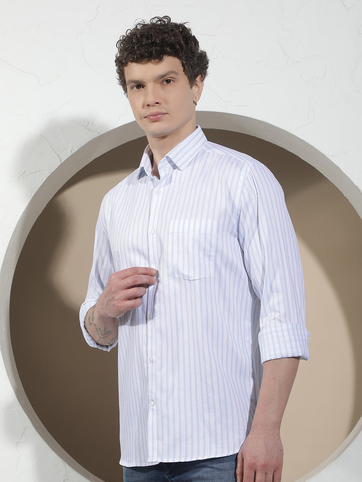 Blue Vertical Striped 100% Cotton Shirt