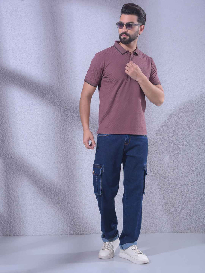 Maroon Jacquard Polo Neck T-Shirt