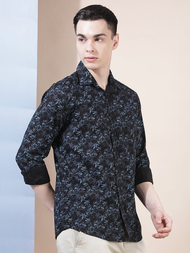 Navy Blue Floral Print Shirt