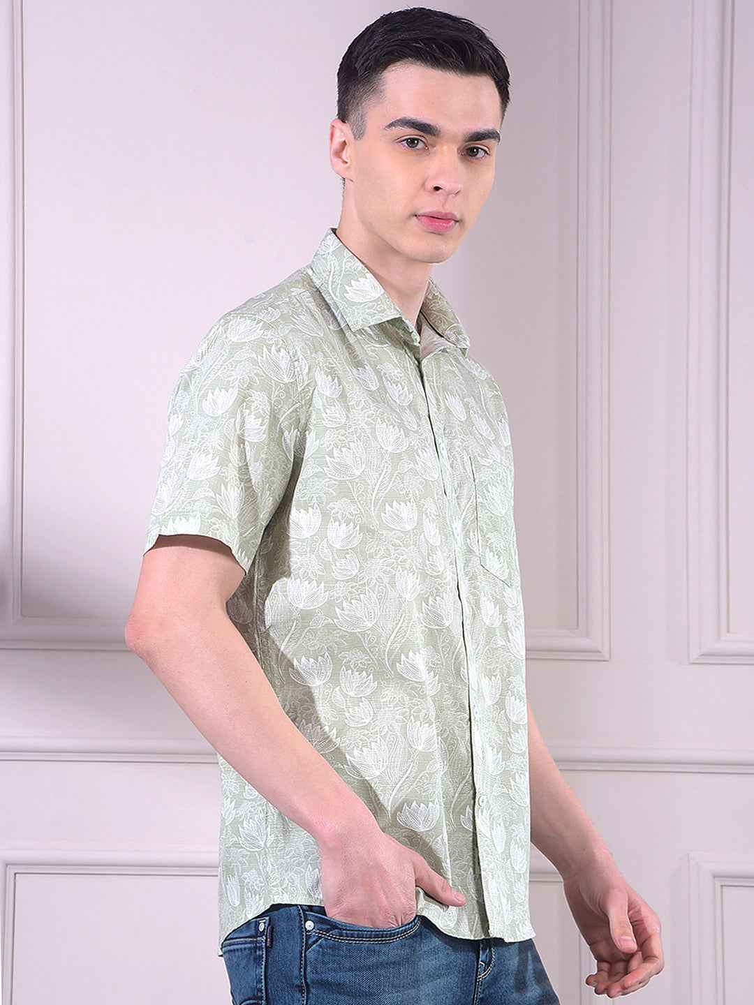 Green Linen Floral Print Shirt