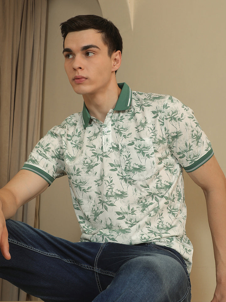 Green Floral Print Polo Neck T-Shirt