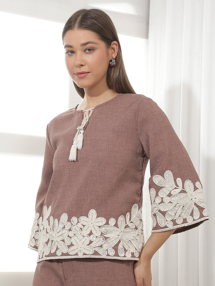 Brown Embroidered 100% Cotton Top