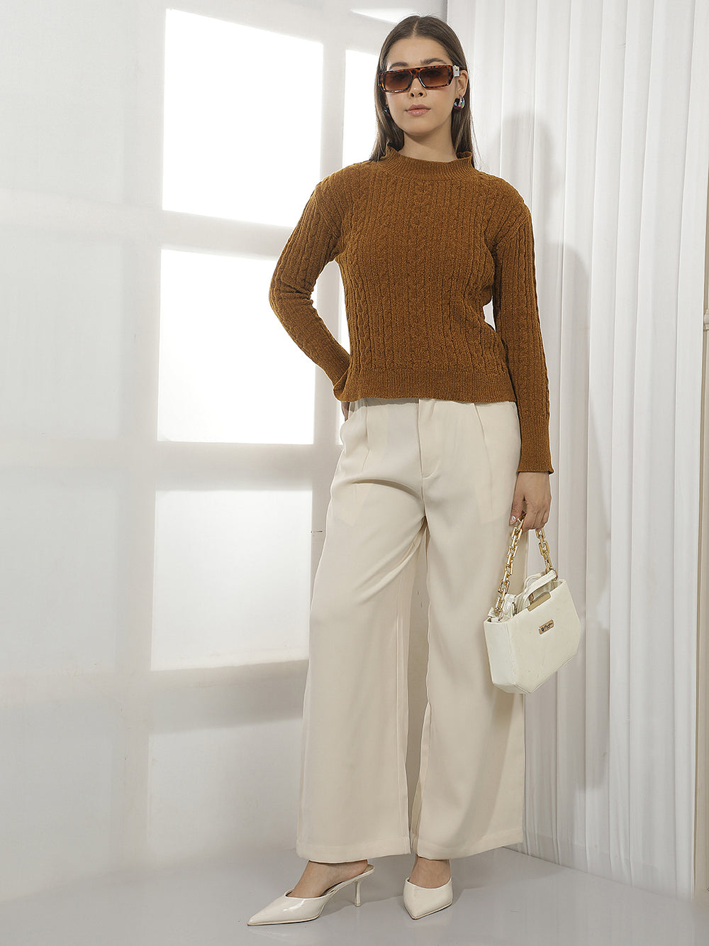 Brown Jacquard Mock Neck Sweater