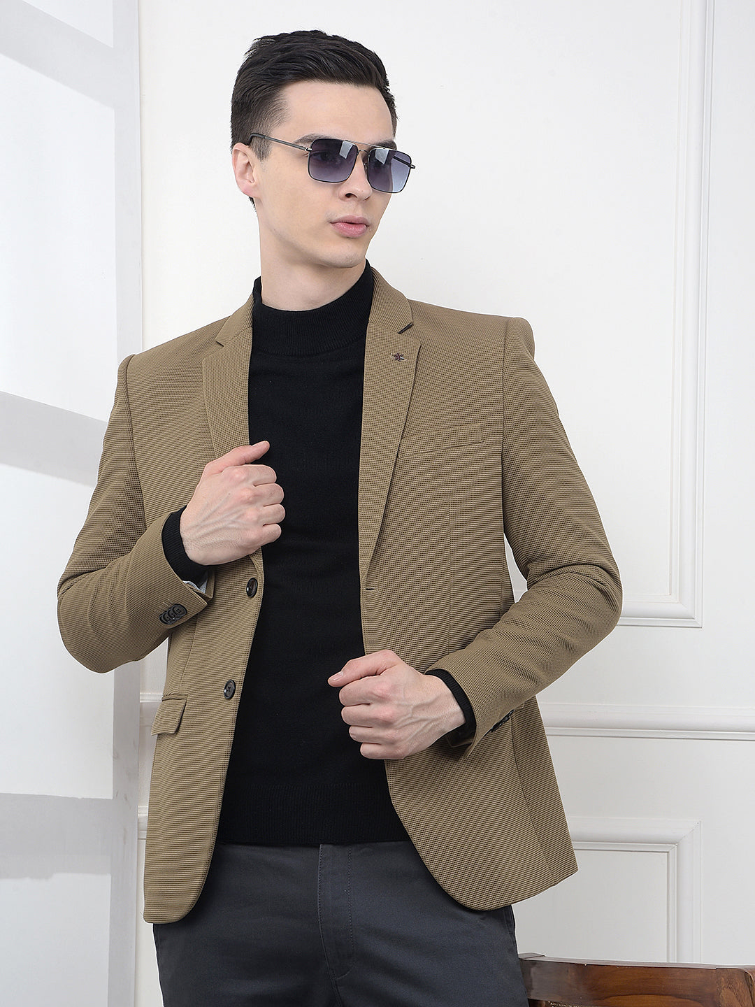 Brown Printed Notched Lapel Single Breasted Blazer