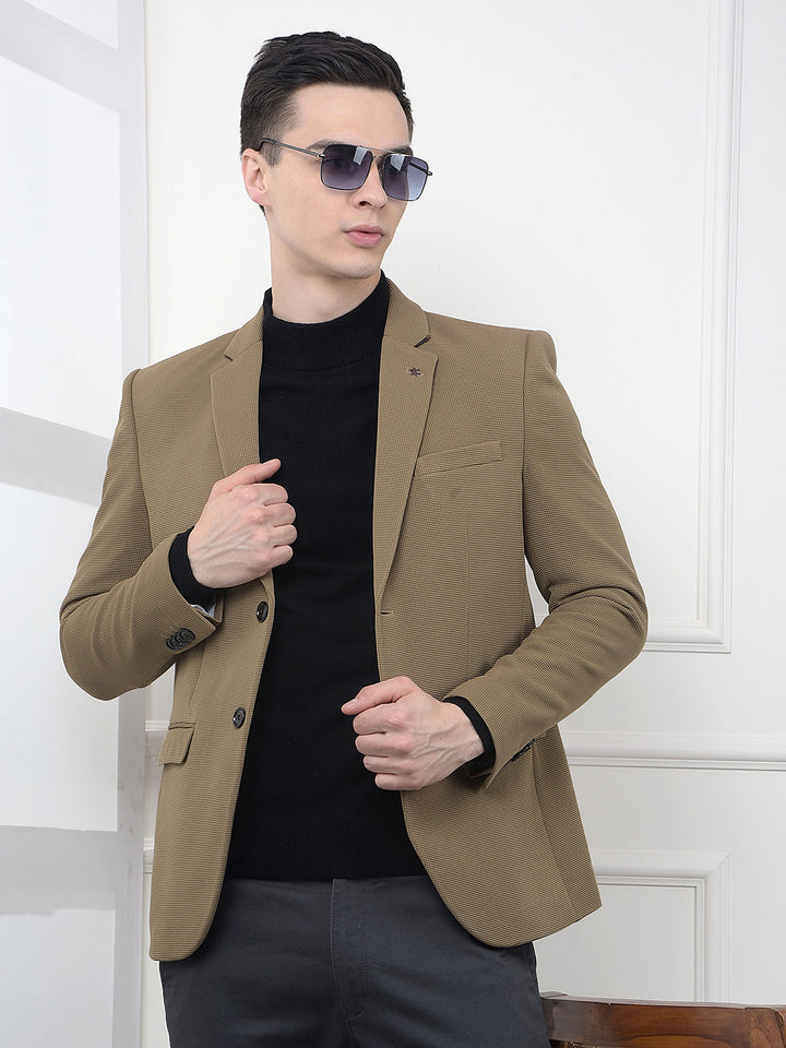 Brown Printed Notched Lapel Single Breasted Blazer