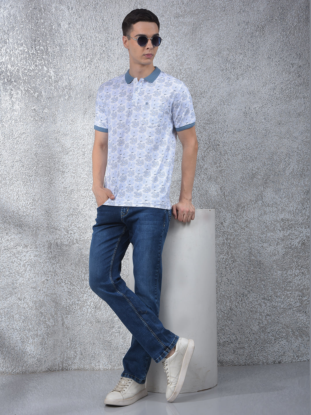 Blue Floral Print Polo Neck T-Shirt