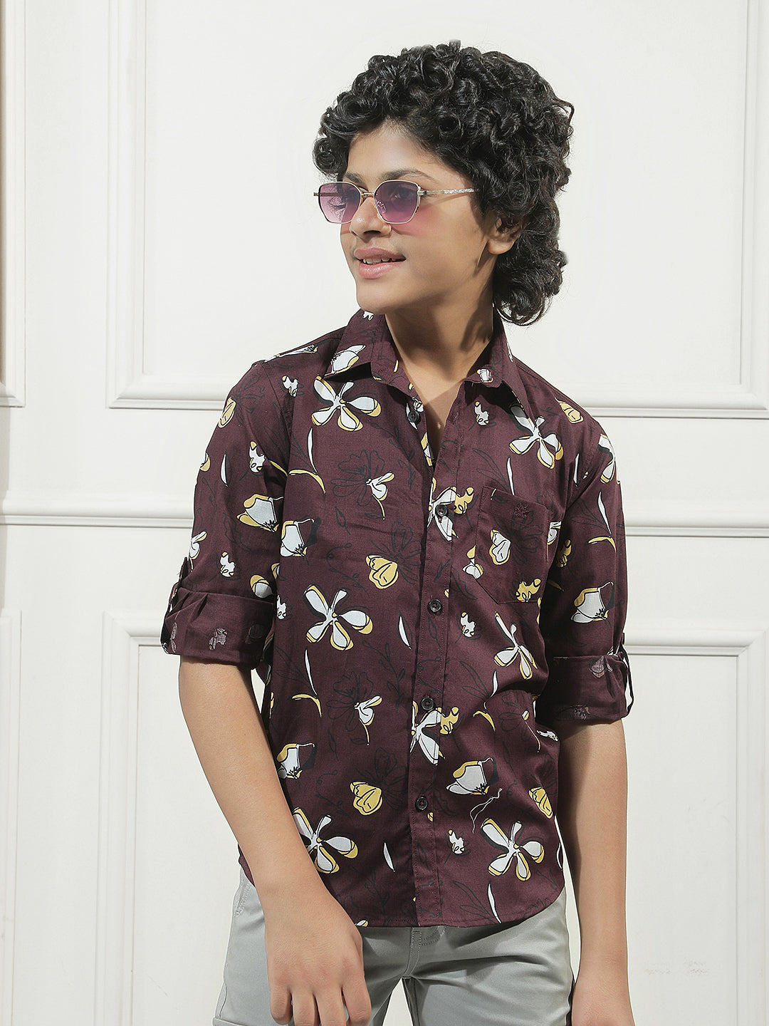 Maroon 100% Cotton Floral Print Shirt
