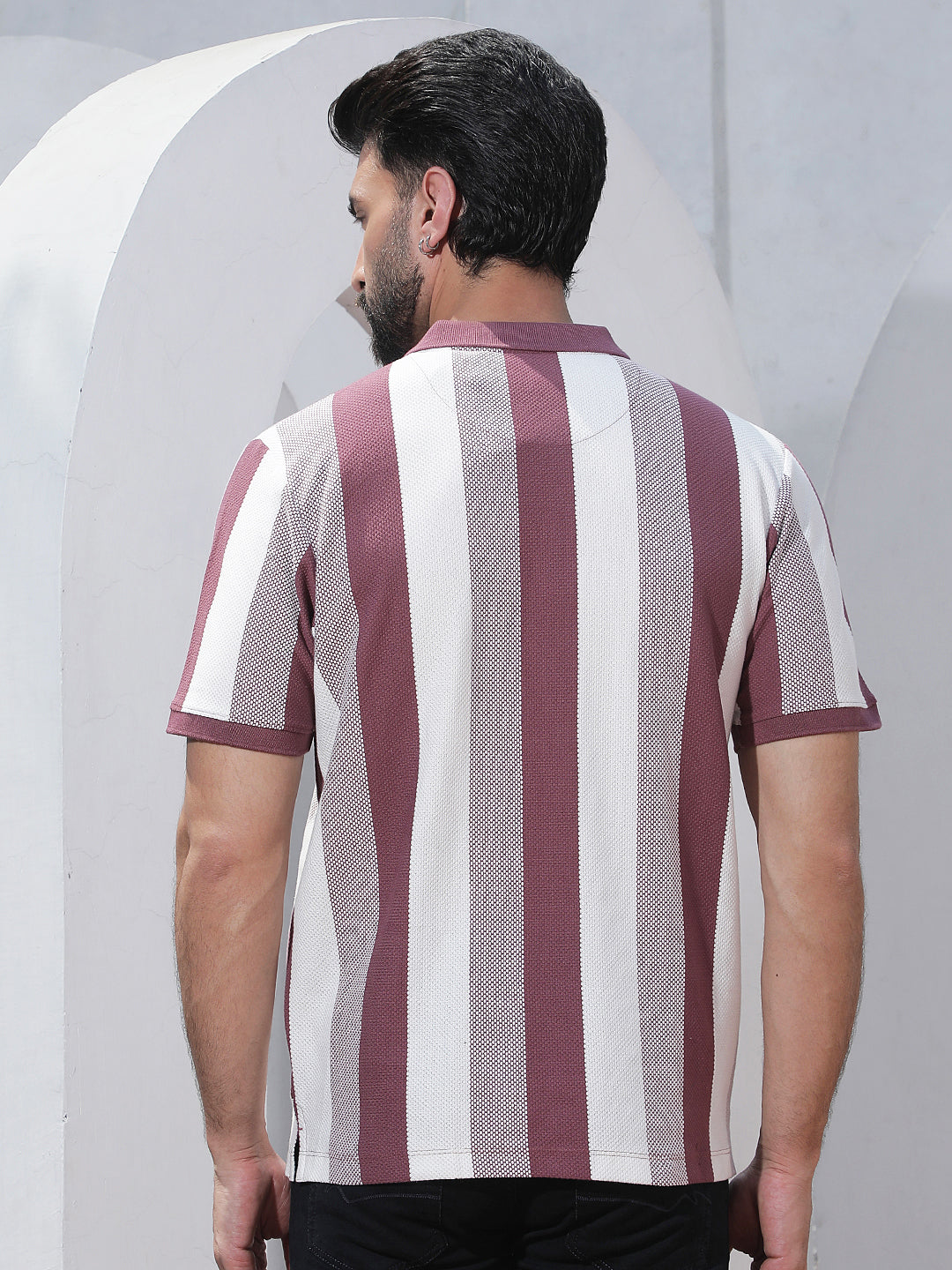 Purple Vertical Striped Polo Neck T-Shirt
