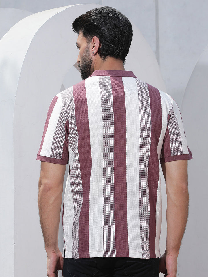 Purple Vertical Striped Polo Neck T-Shirt