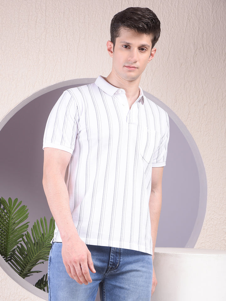 White Vertical Stripes Polo Neck T-Shirt-Men T-Shirts-Crimsoune Club