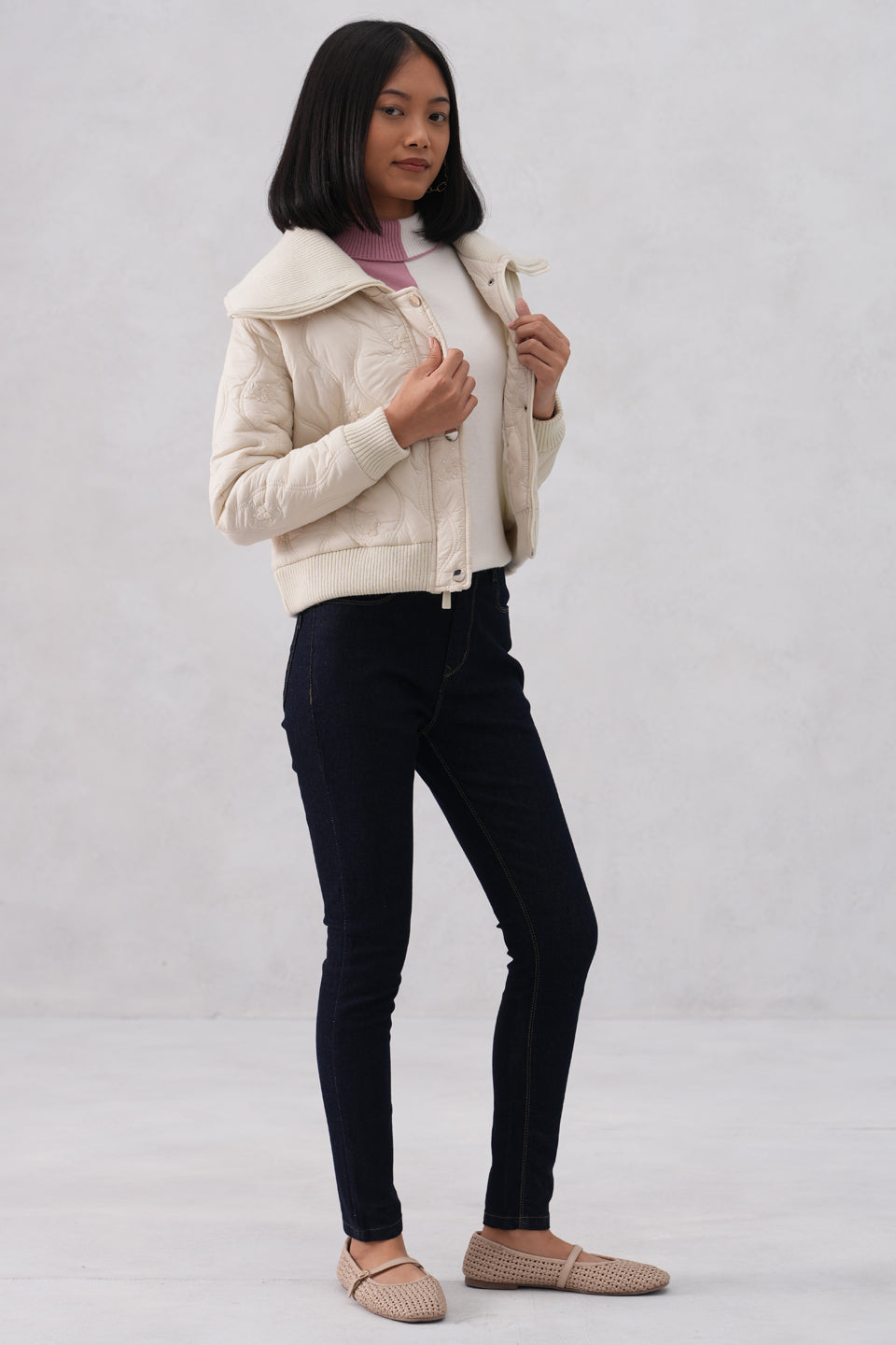 Cream Embellished Quilted Jacket