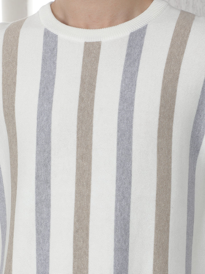 Beige 100% Cotton Verical Stripes Round Neck Sweater