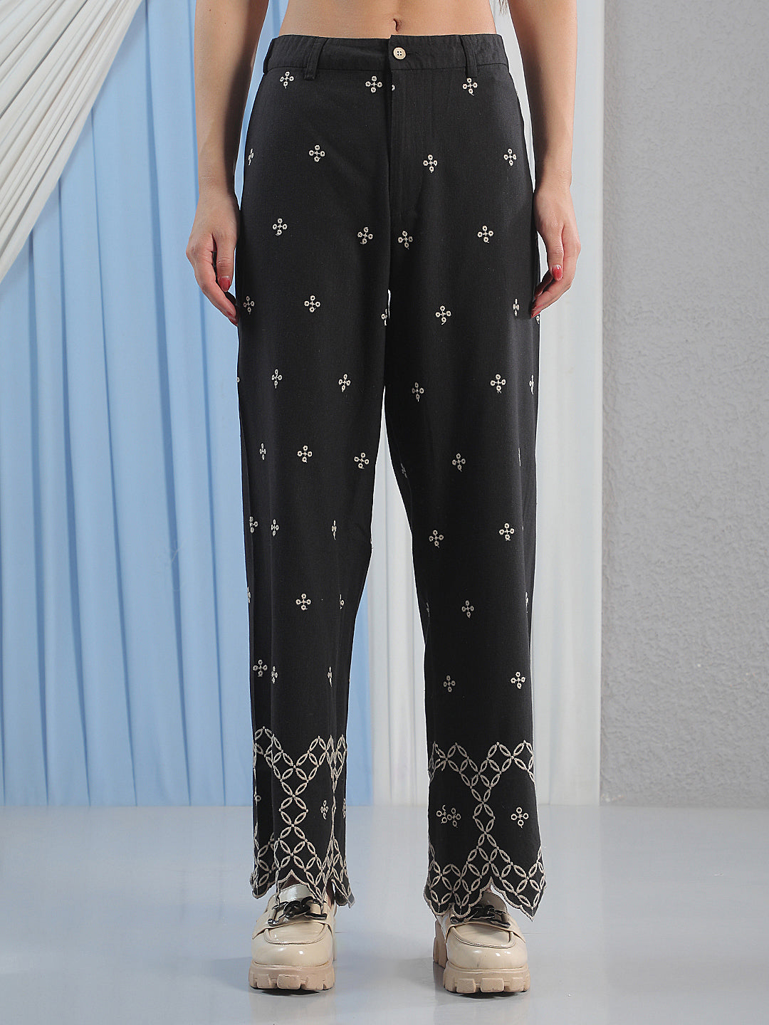 Off White Embroidered Casual Trousers