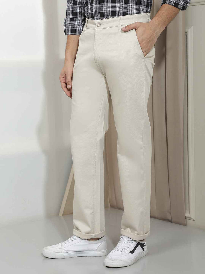 Beige Dobby Straight Trousers