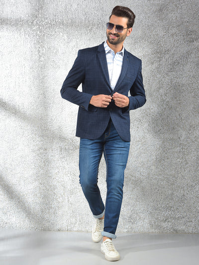 Navy Blue Checked Notched Lapel Single-Breasted Blazer