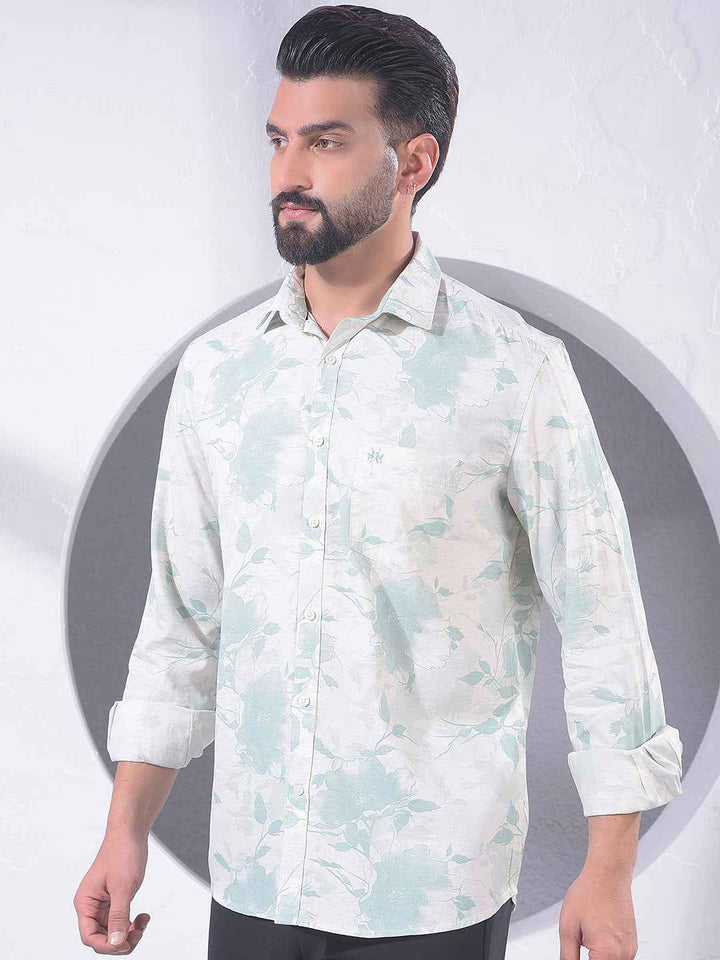 Green Floral Print Linen Shirt