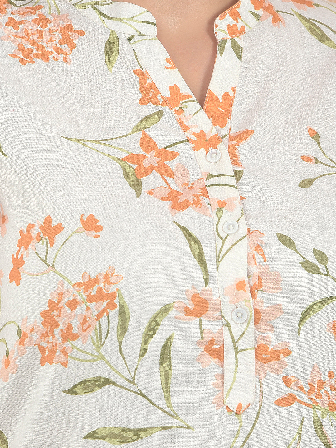 Orange Floral Print V-Neck Top