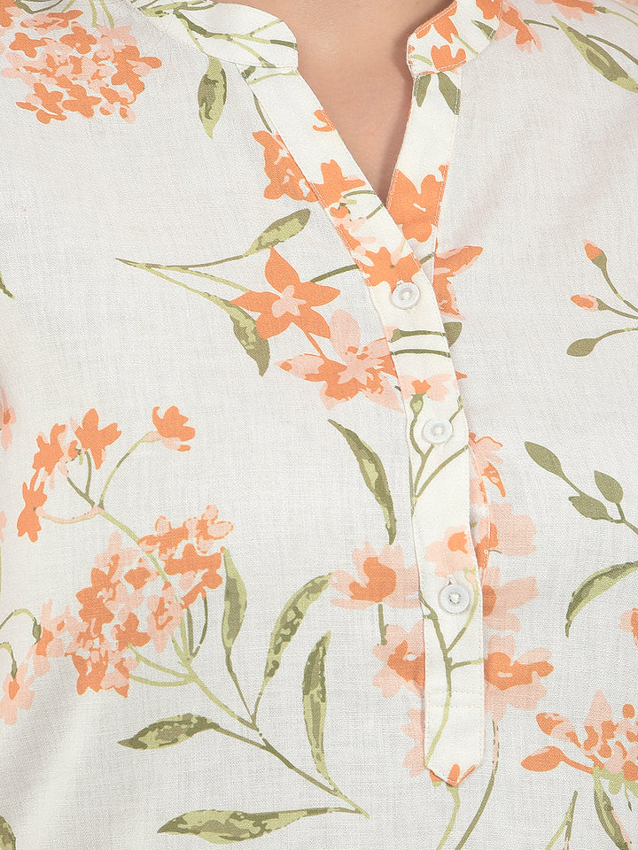 Orange Floral Print V-Neck Top