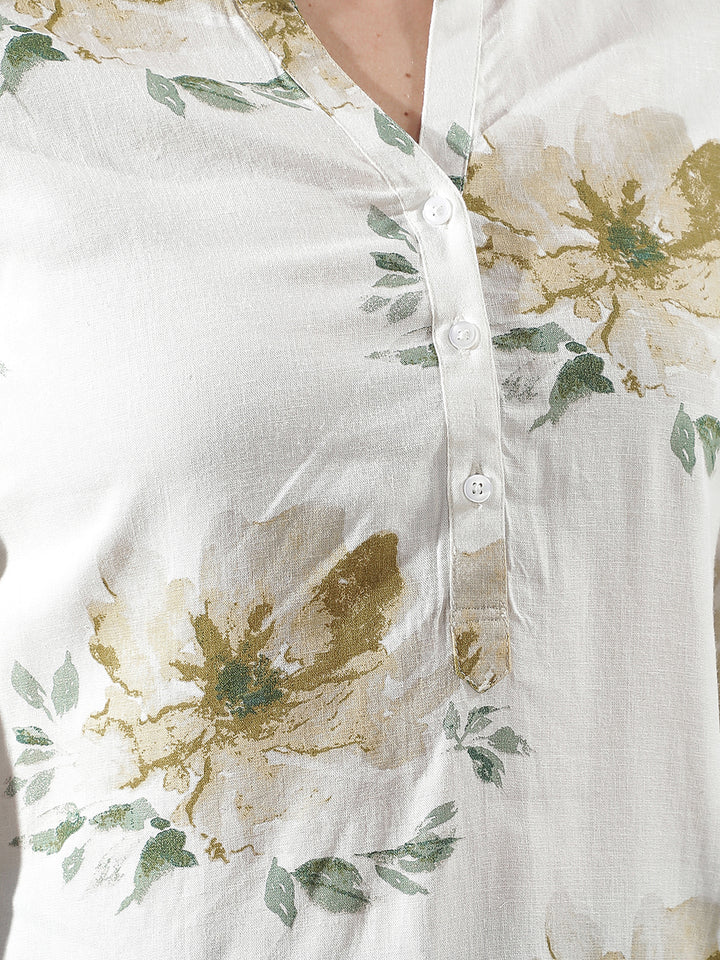 Green Floral Print Longline Linen Top