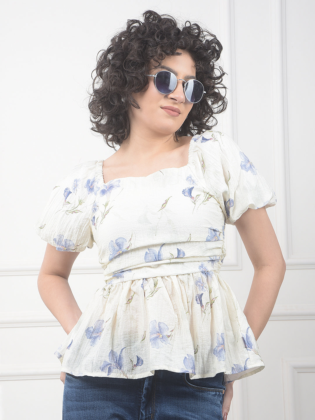 Blue Floral Print Square Neck Peplum Top