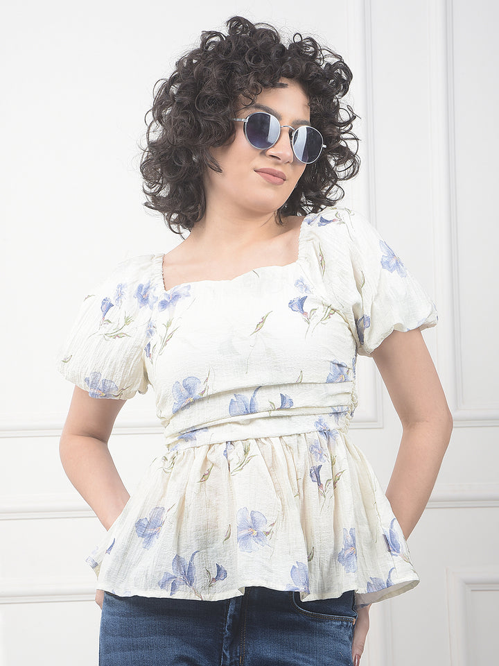 Blue Floral Print Square Neck Peplum Top